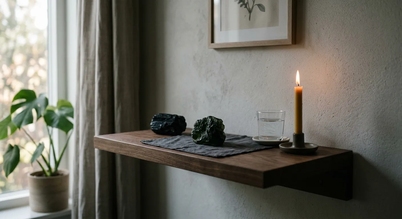 A minimalist home altar featuring a tektite, black tourmaline, and a lit candle