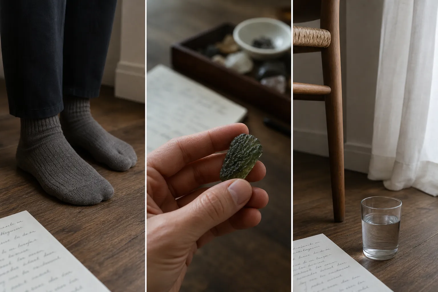 A restrained shield ritual sequence showing feet grounded, a moldavite specimen observed as an object, and a return to ordinary room details