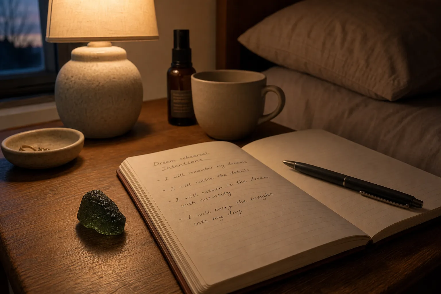 A single crystal beside a dream journal, representing a symbolic cue for MILD intention practice.