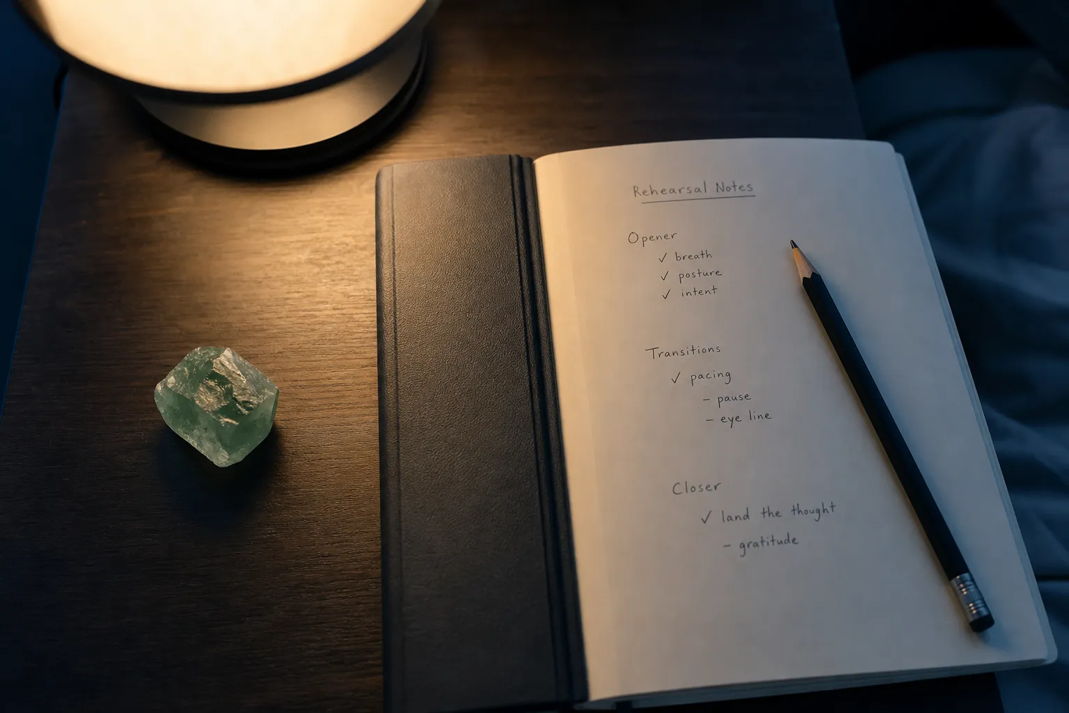 A bedside crystal separated from a written MILD rehearsal note, showing the boundary between symbolic support and cognitive method.