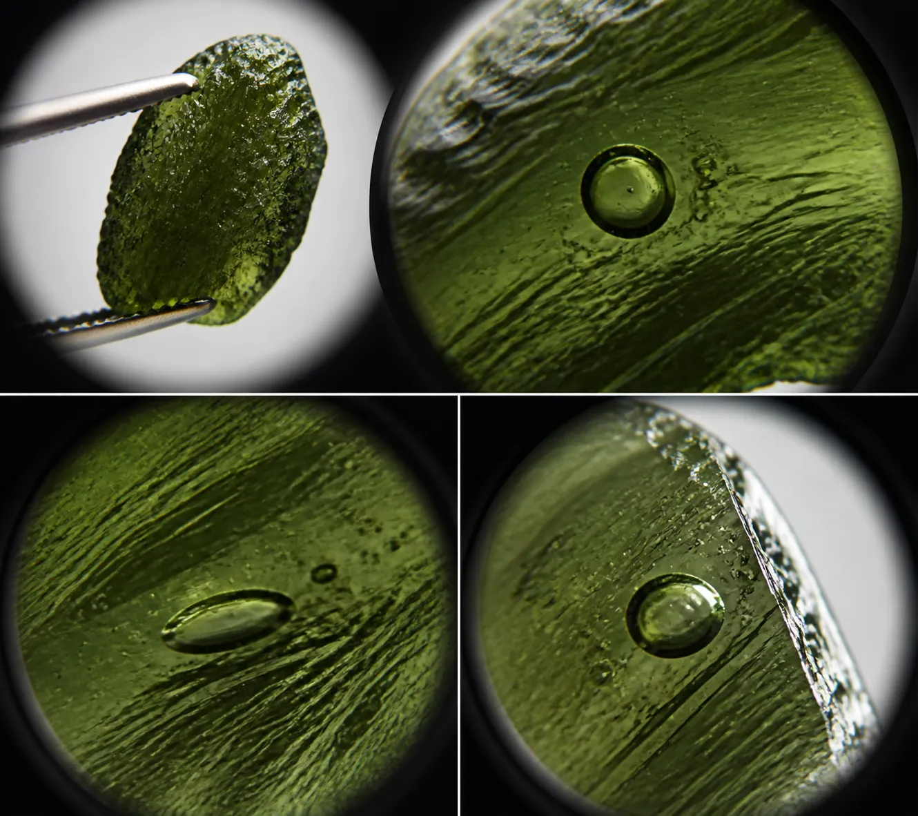 Loupe view of moldavite bubbles from different angles, illustrating how a three-dimensional bubble can look round or stretched