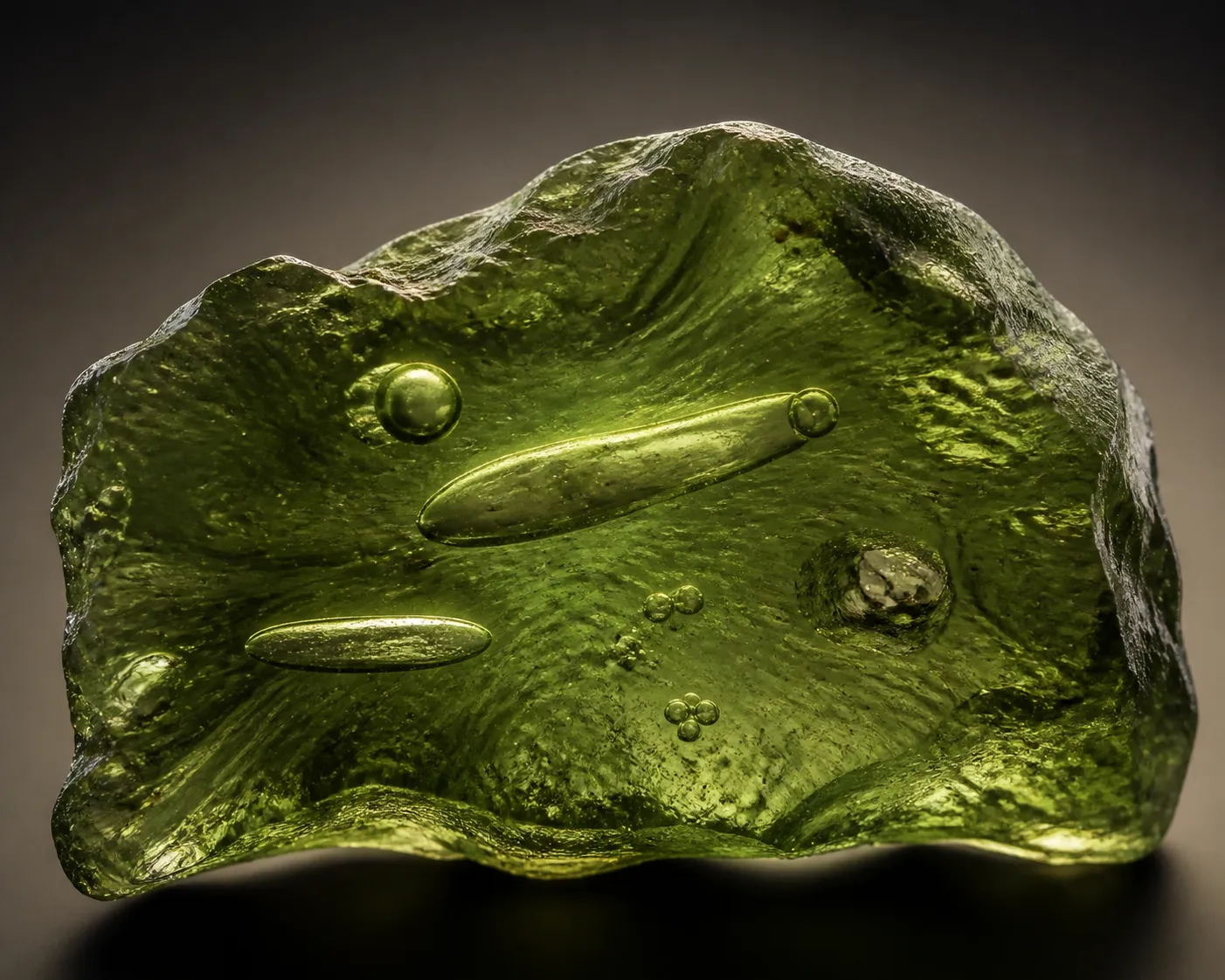 Natural moldavite with varied internal bubble shapes, showing that round bubbles alone do not prove a fake