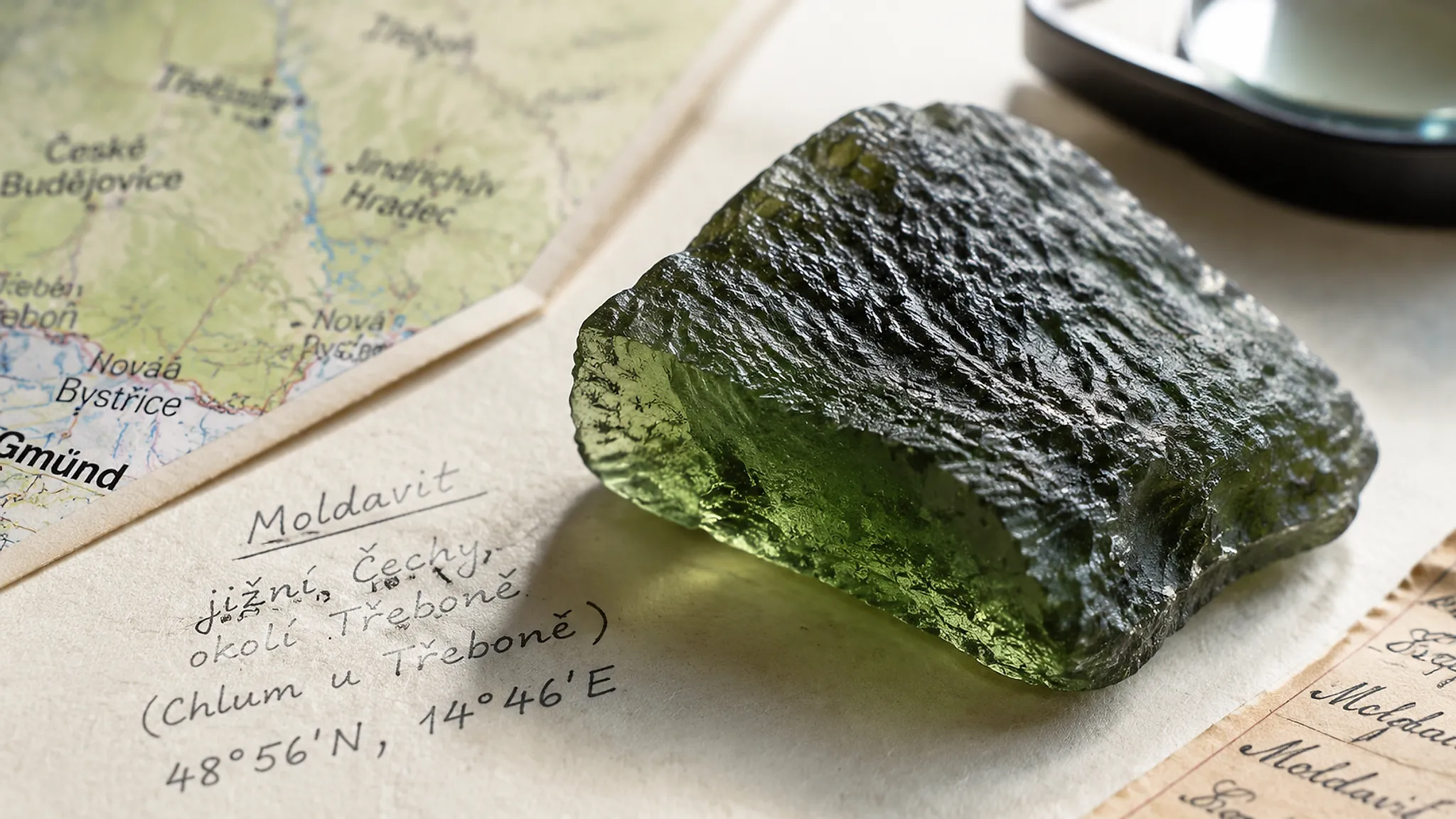 Rough moldavite specimen with etched surface, broken edge, and locality notes used to separate finite tektite supply from scarcity hype