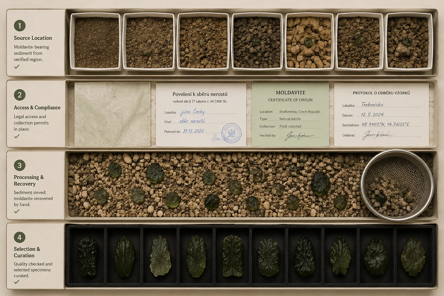 Grouped moldavite supply layers showing physical occurrence, practical access, mining yield, and collector-grade selection as separate checks