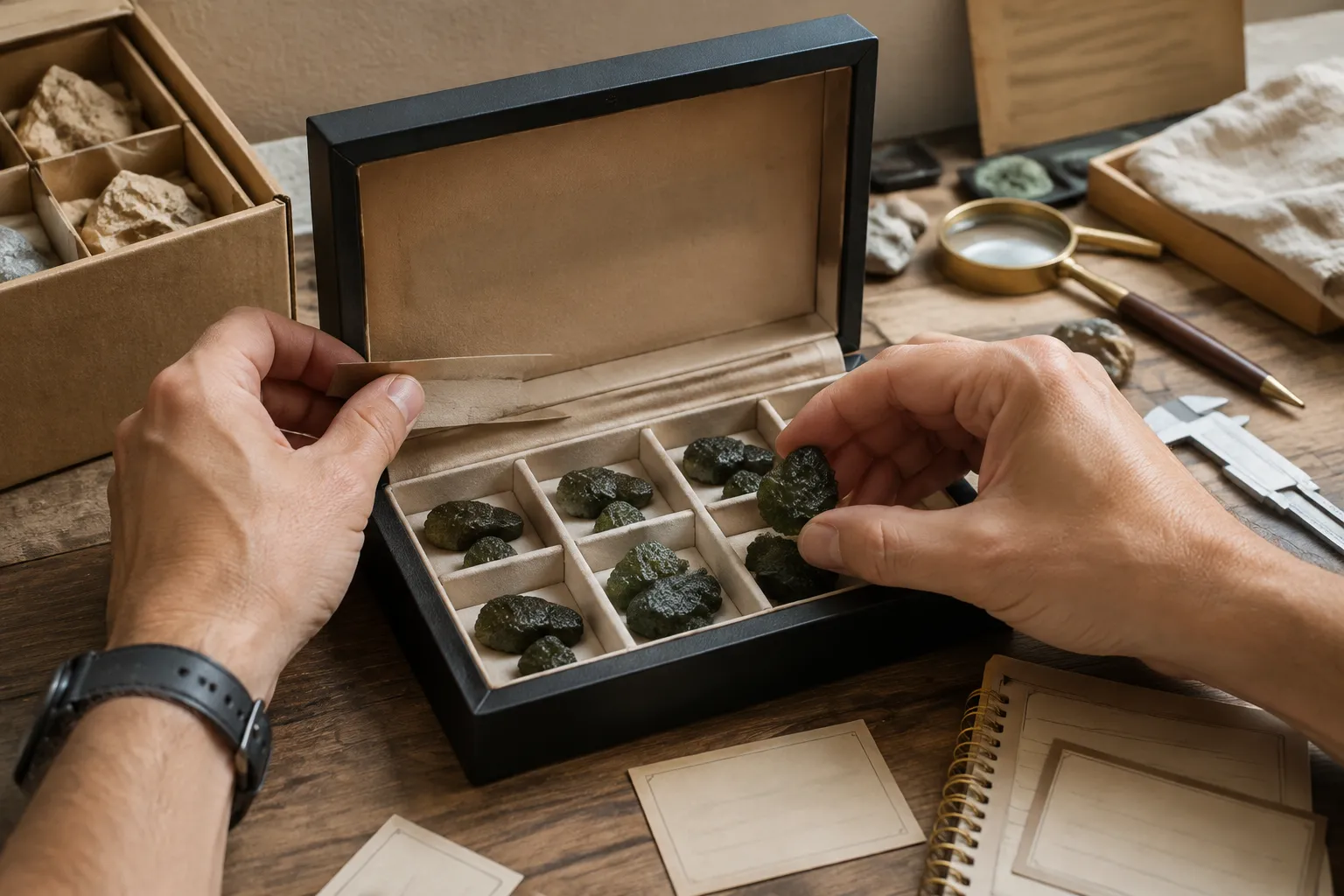 A collector checking a padded tektite display box for lid clearance, hard seams, and separate compartments