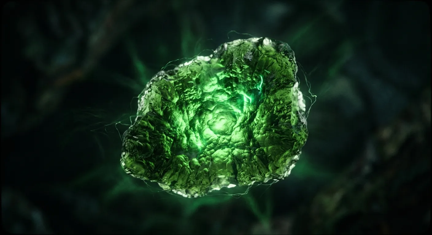 Raw moldavite stone glowing with intense green energy against a dark background