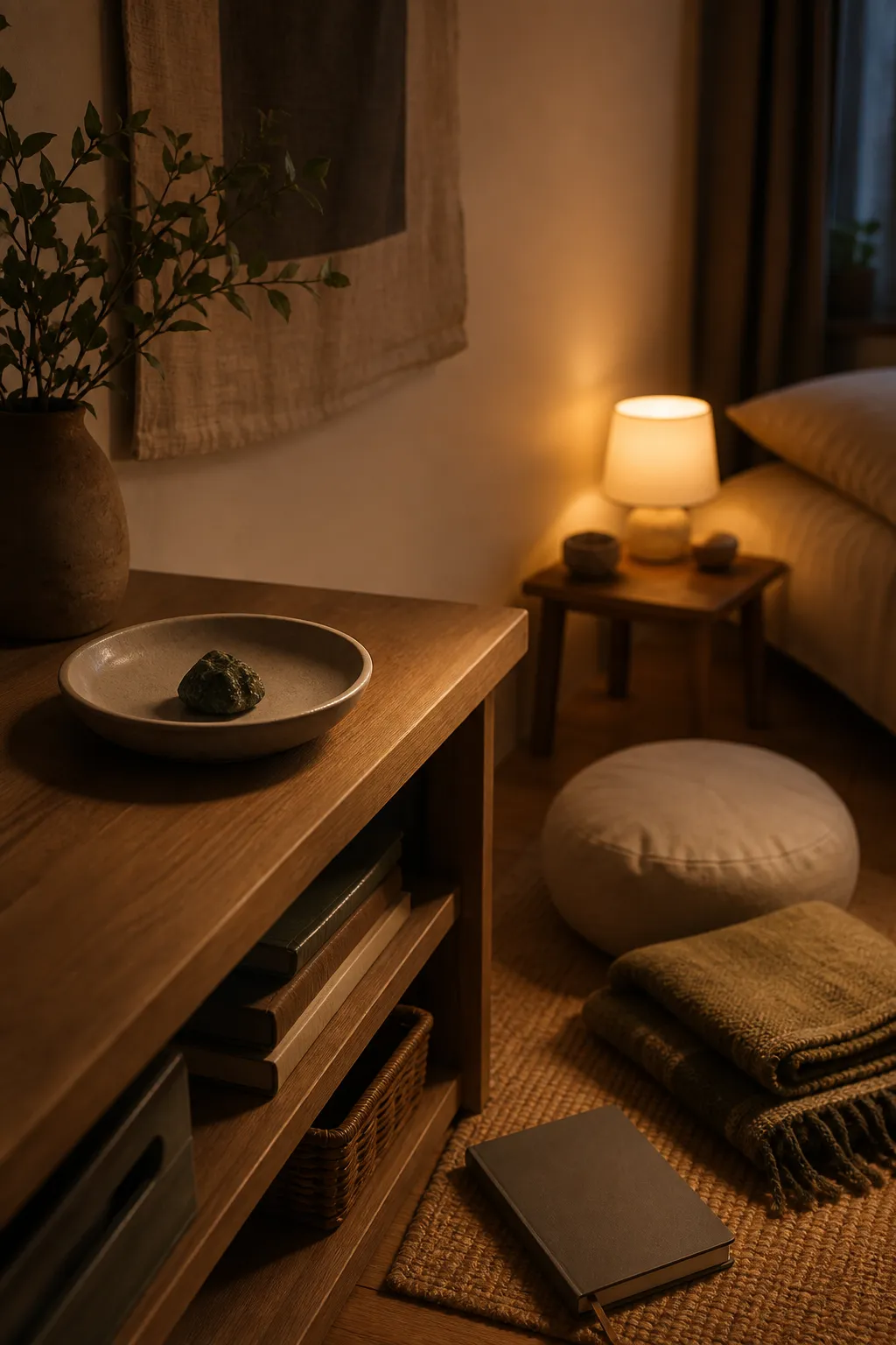 A calm evening setup showing Moldavite set aside from the bed, supporting shorter practice and sleep protection.