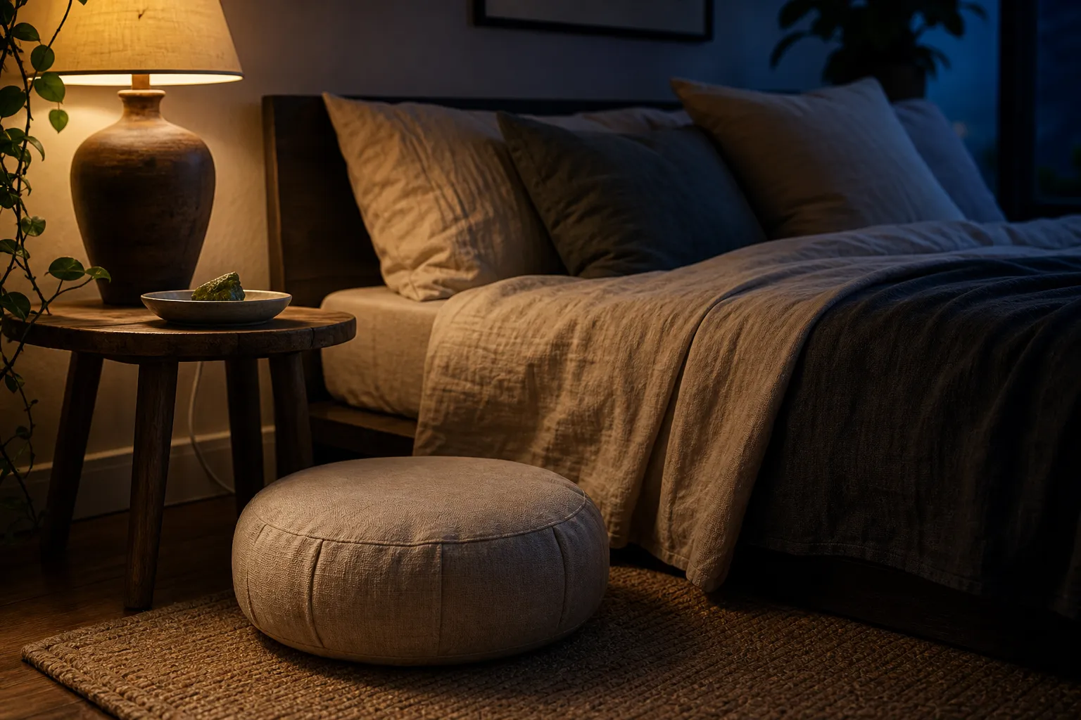 Moldavite placed near a nighttime meditation seat rather than on the body, emphasizing a gentler sleep-adjacent practice.