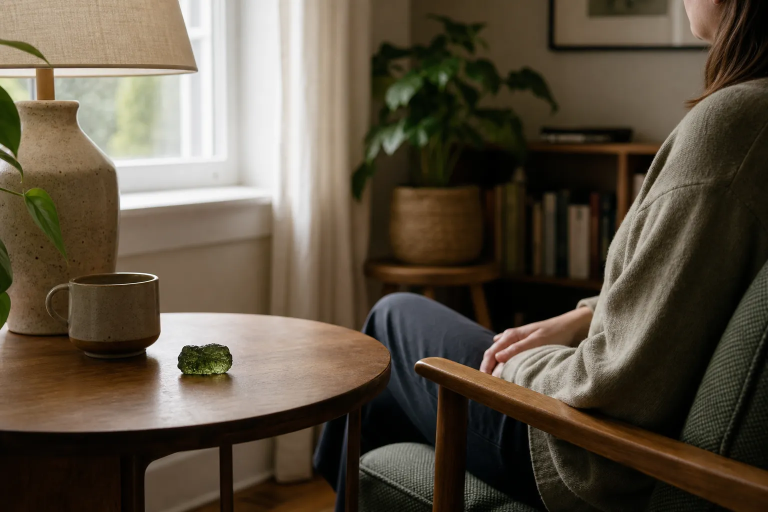 A piece of moldavite set down beside a calm seating area to show pausing before interpreting intense sensations