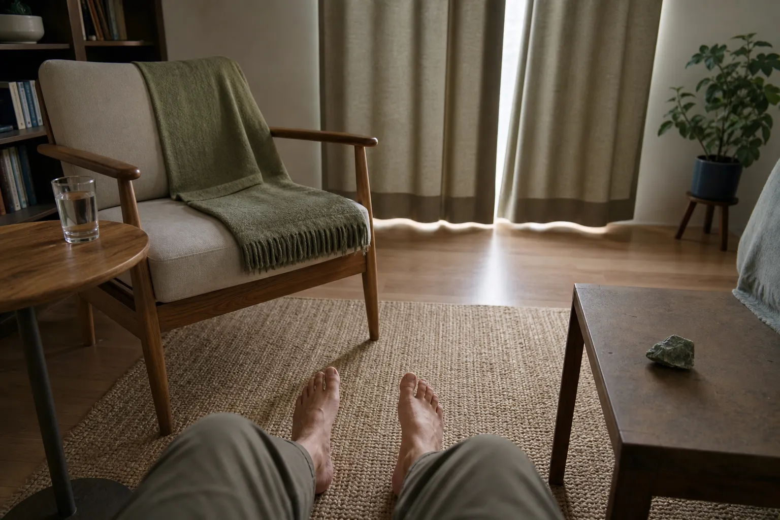 A calm room scene with a chair, floor contact, water, and moldavite placed aside to support grounding steps
