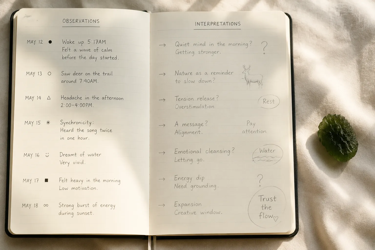 A two-column synchronicity journal separating what happened from the meaning held lightly