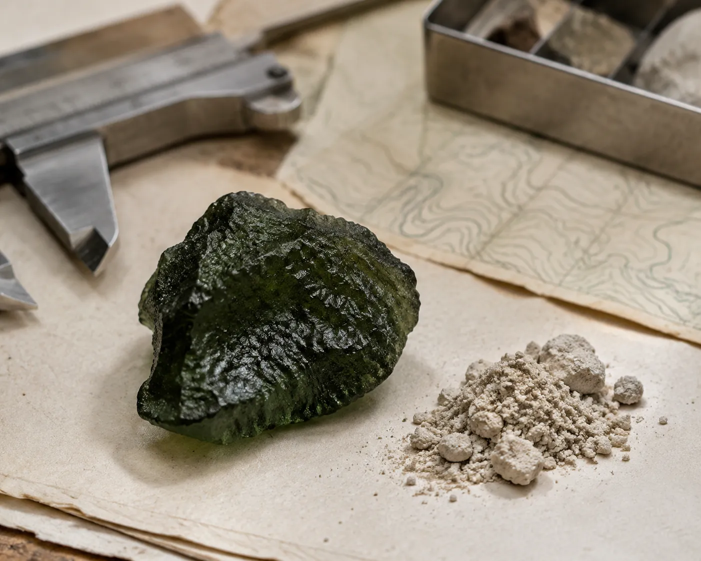 Moldavite specimen shown as impact glass beside silica-rich sediment and a crater study setup
