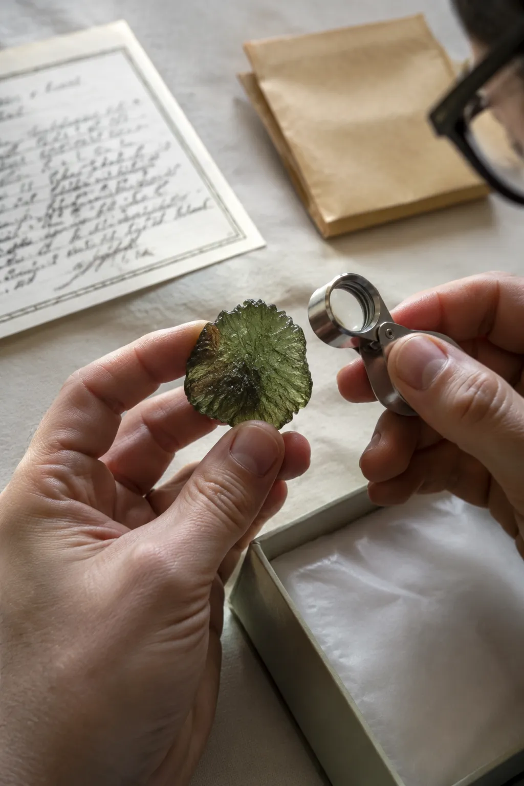 Moldavite specimen considered through geological traits and provenance before symbolic interpretation