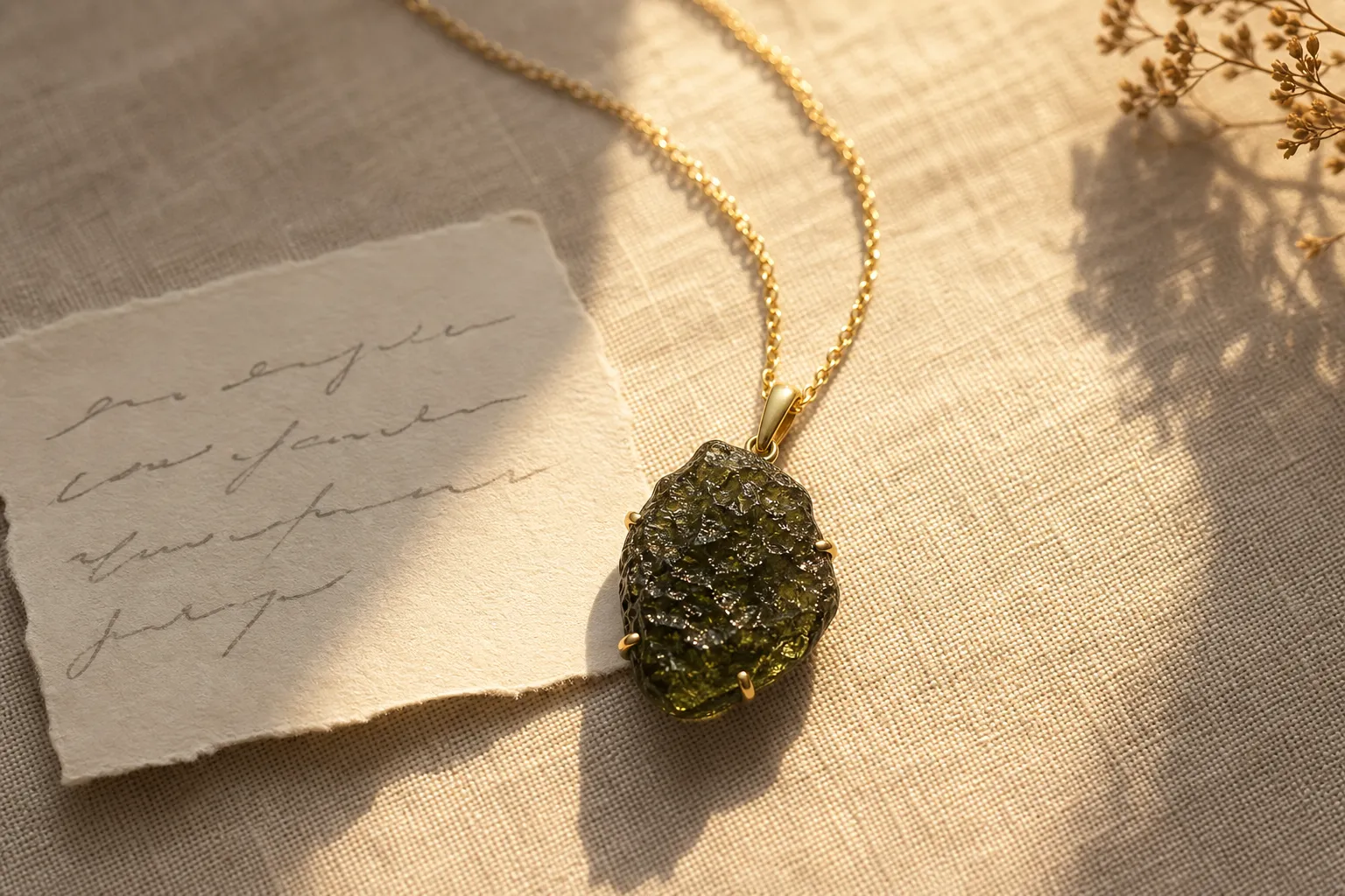 A moldavite pendant on a solid gold chain presented as a symbolic solar amplifier, not proof of faster transformation