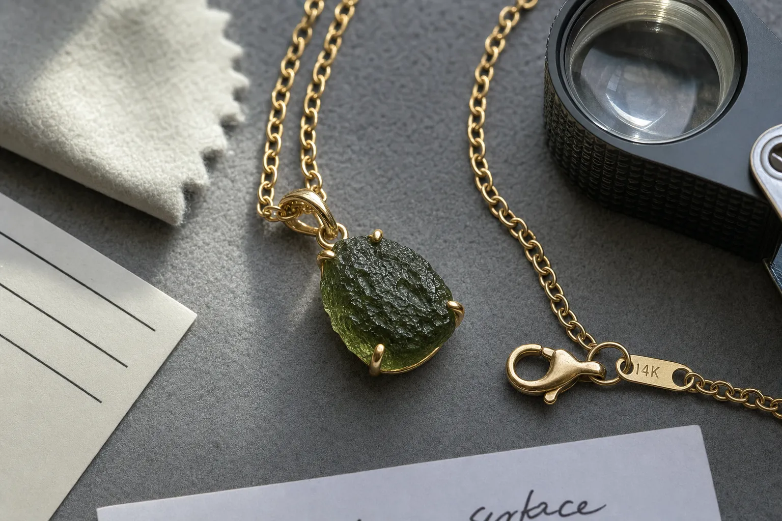A close material check of a moldavite gold necklace focusing on karat, alloy, clasp, chain strength, and skin comfort