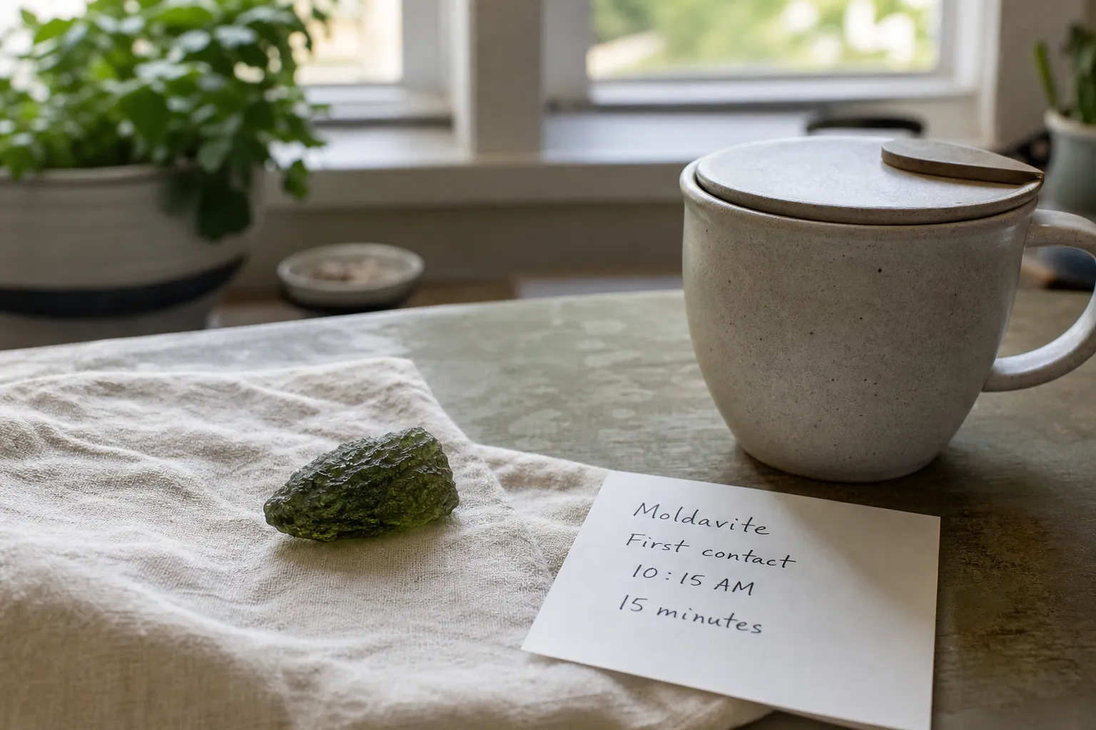 A small moldavite specimen beside a simple timing note for short beginner contact sessions