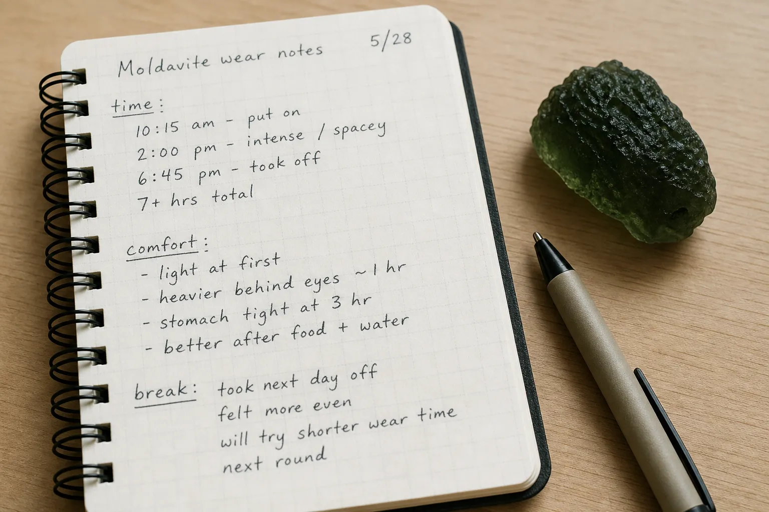 Plain beginner notes comparing moldavite wearing time with comfort instead of dramatic conclusions