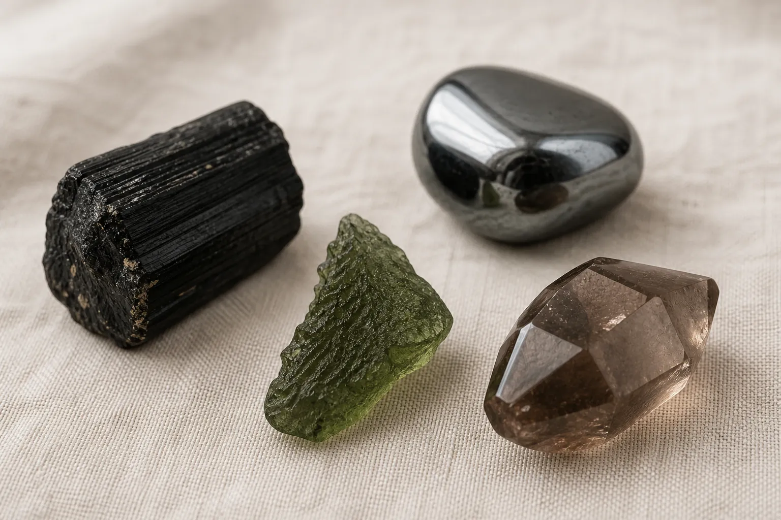 Moldavite placed with black tourmaline, hematite, and smoky quartz as simple grounding pairings