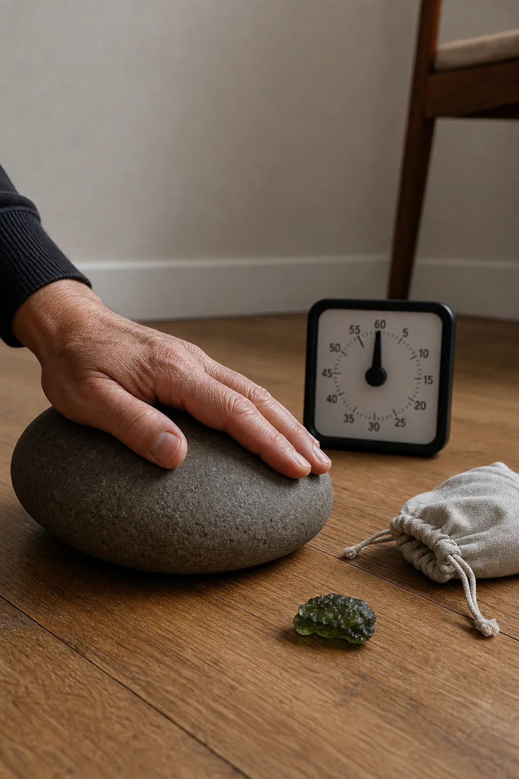 A short Moldavite grounding ritual using a stone as a tactile cue and ending point
