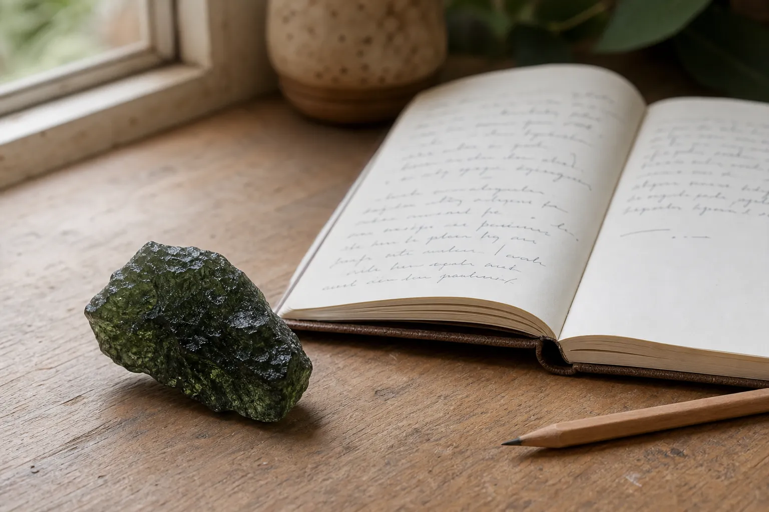 Moldavite beside a quiet reflection journal, framing heart chakra activation as symbolic attention rather than proof.