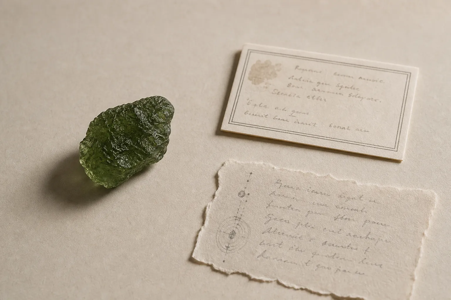 A moldavite specimen separated from notes on feelings, provenance, and interpretation to show what the practice can and cannot prove.