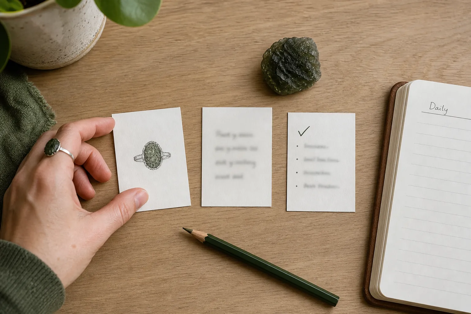 A three-part Moldavite index-finger practice focused on choosing, naming, and noticing behavior