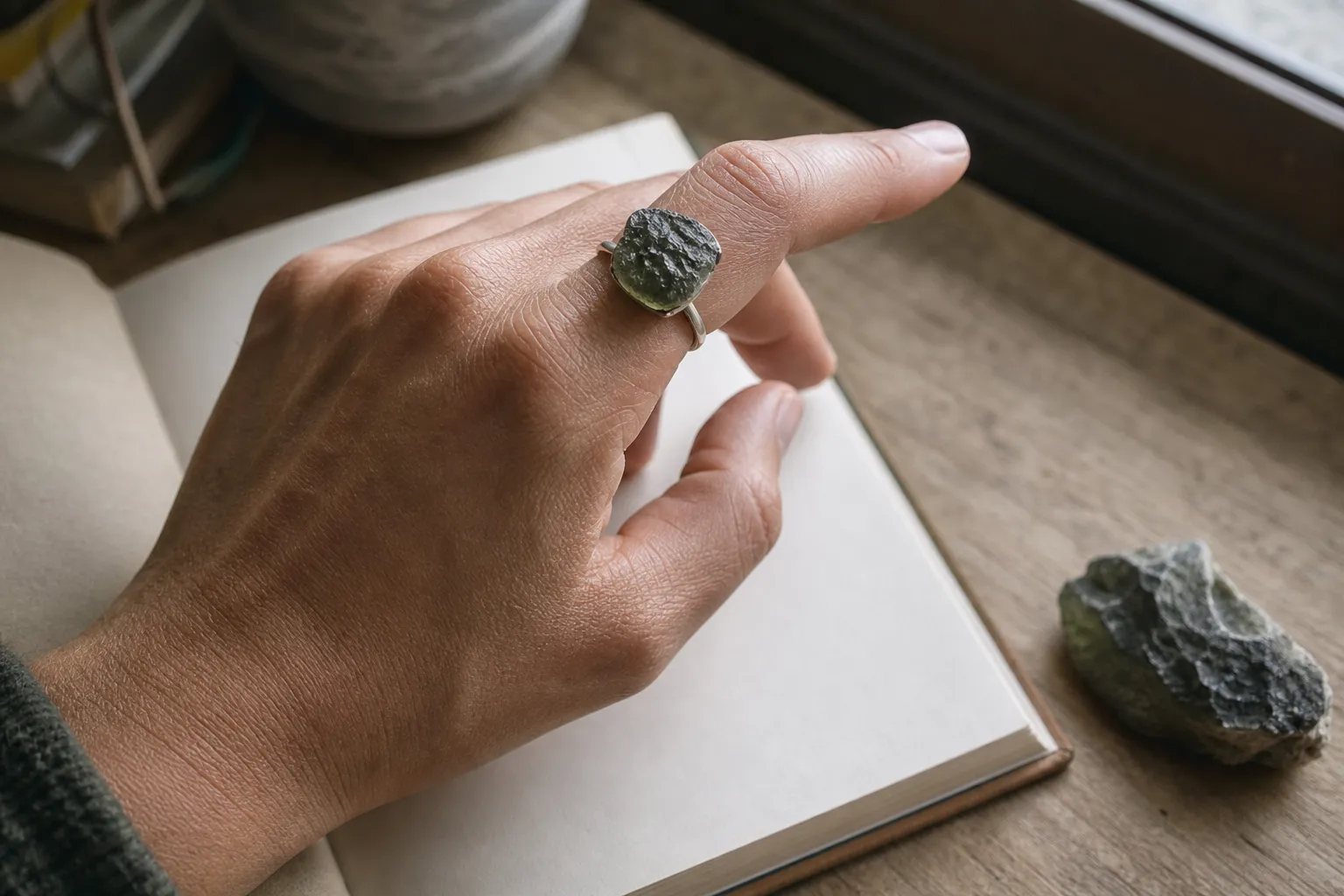 A Moldavite ring on an index finger used as a tactile cue for direction and self-leadership