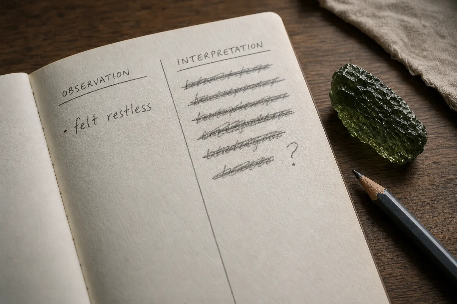 A journal note separating a direct observation from a larger interpretation during a moldavite ritual