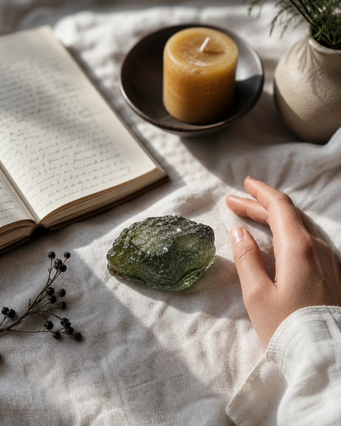 A moldavite specimen beside a journal and a simple candle, arranged without rigid ritual instructions