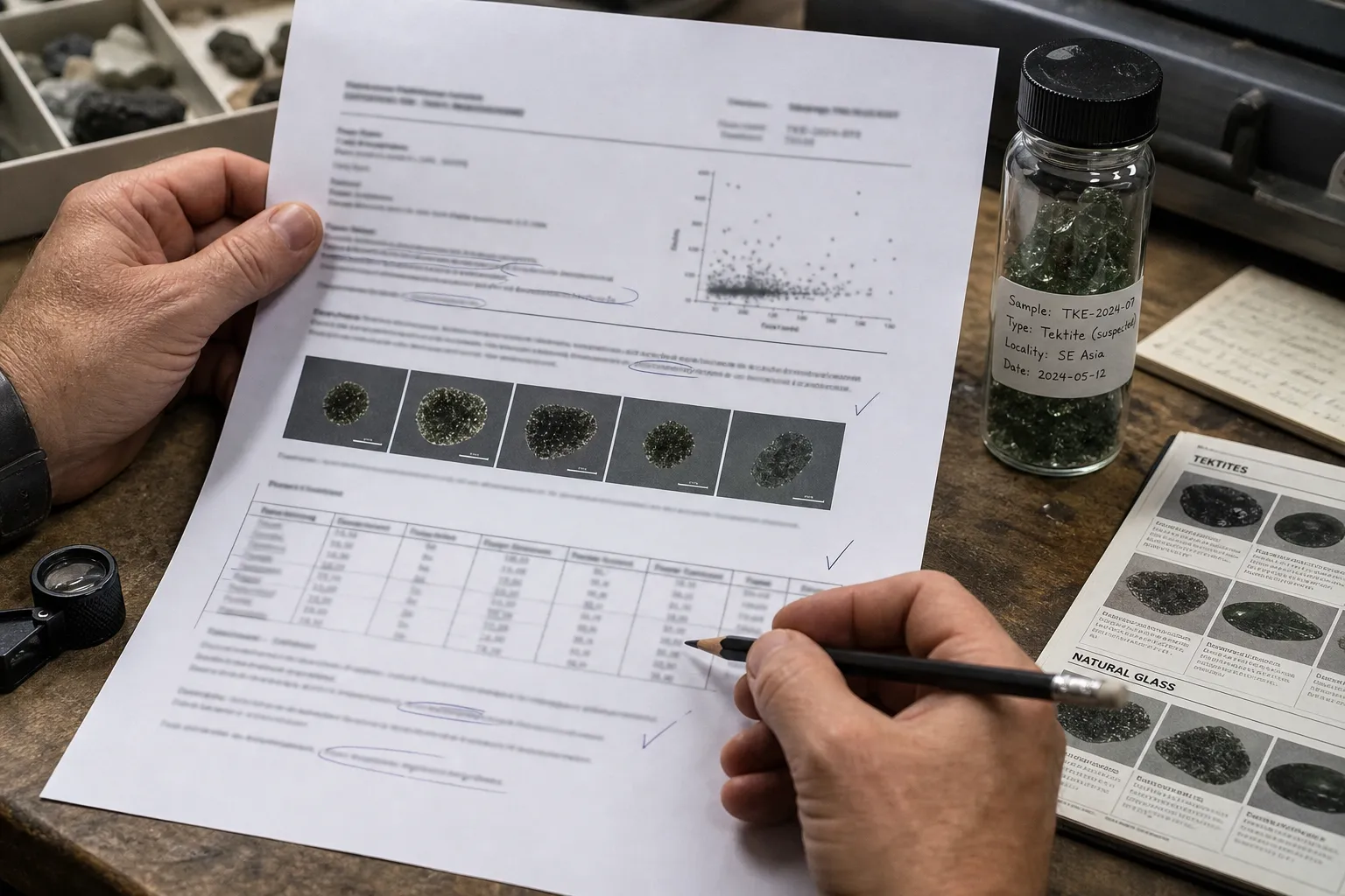 Laboratory report review scene emphasizing sample description, reference comparison, and restrained conclusions for moldavite isotope evidence