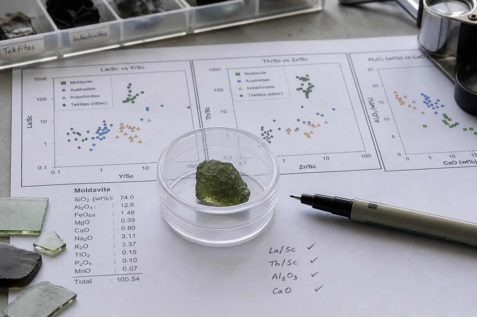 Moldavite specimen and isotope comparison notes showing that a strontium pattern supports provenance only when matched with reference data