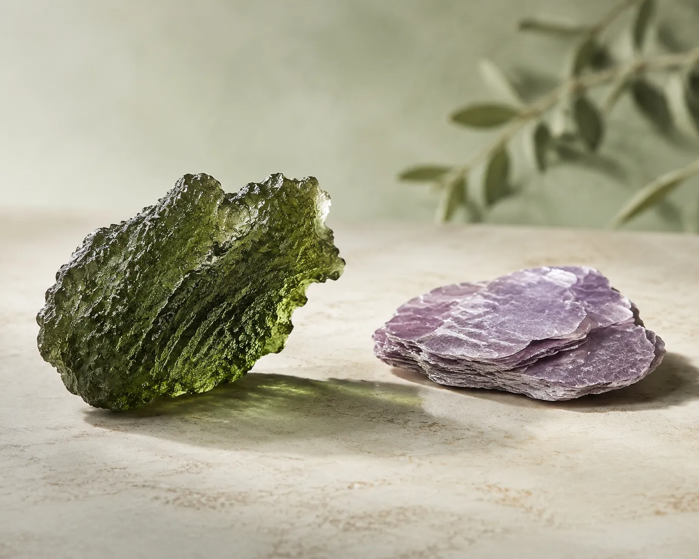 Moldavite and lepidolite shown together as a symbolic pairing for pace, pause, and grounded interpretation