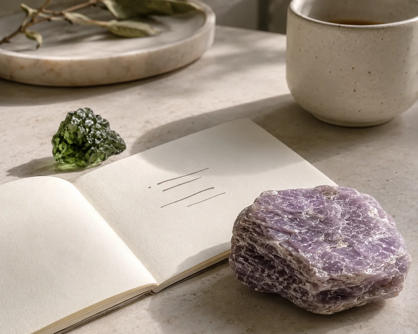 A simple crystal check-in setting that frames lepidolite as a reminder rather than a medical tool