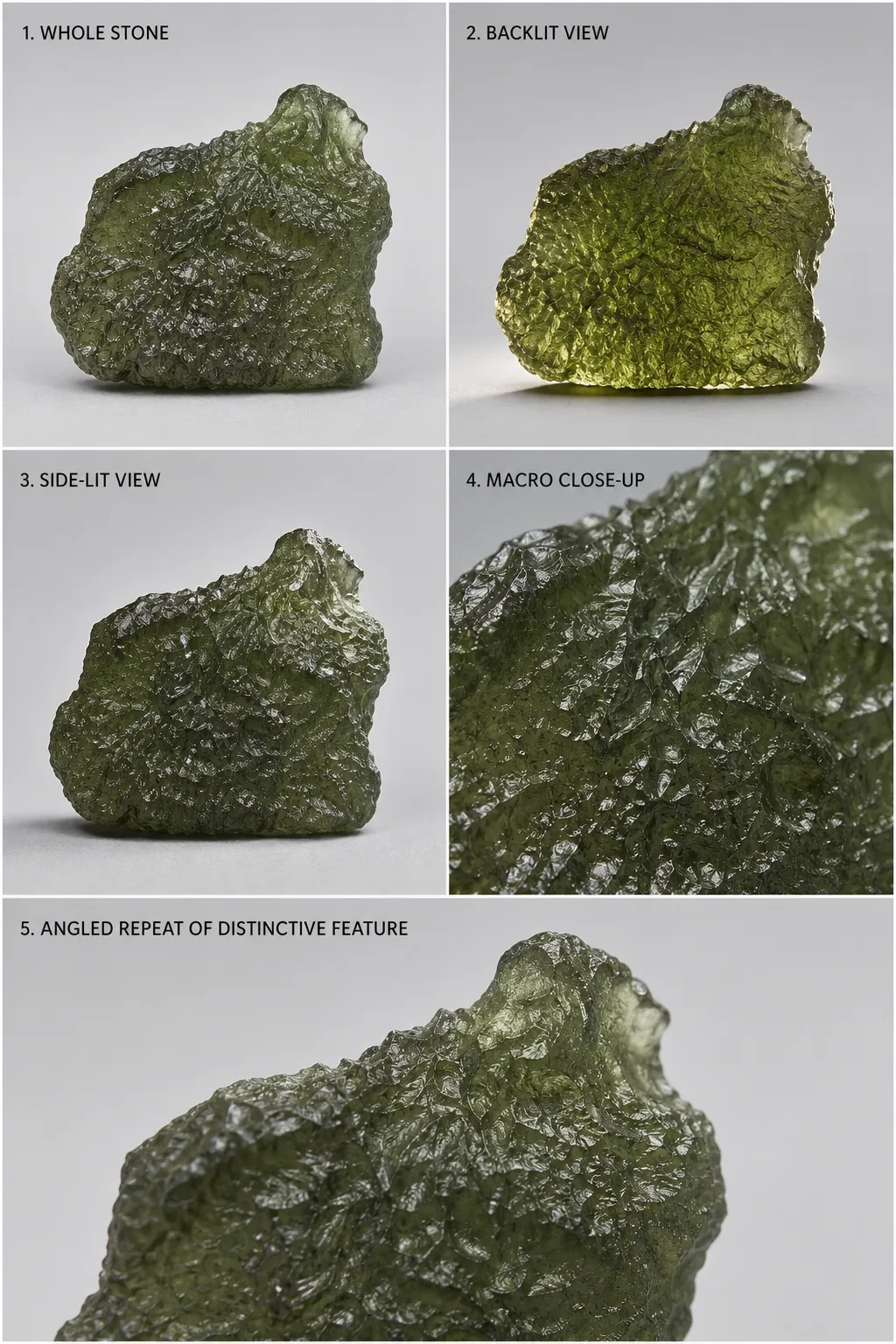 A small set of moldavite photos showing whole-stone, backlit, side-lit, macro, and angled repeat views