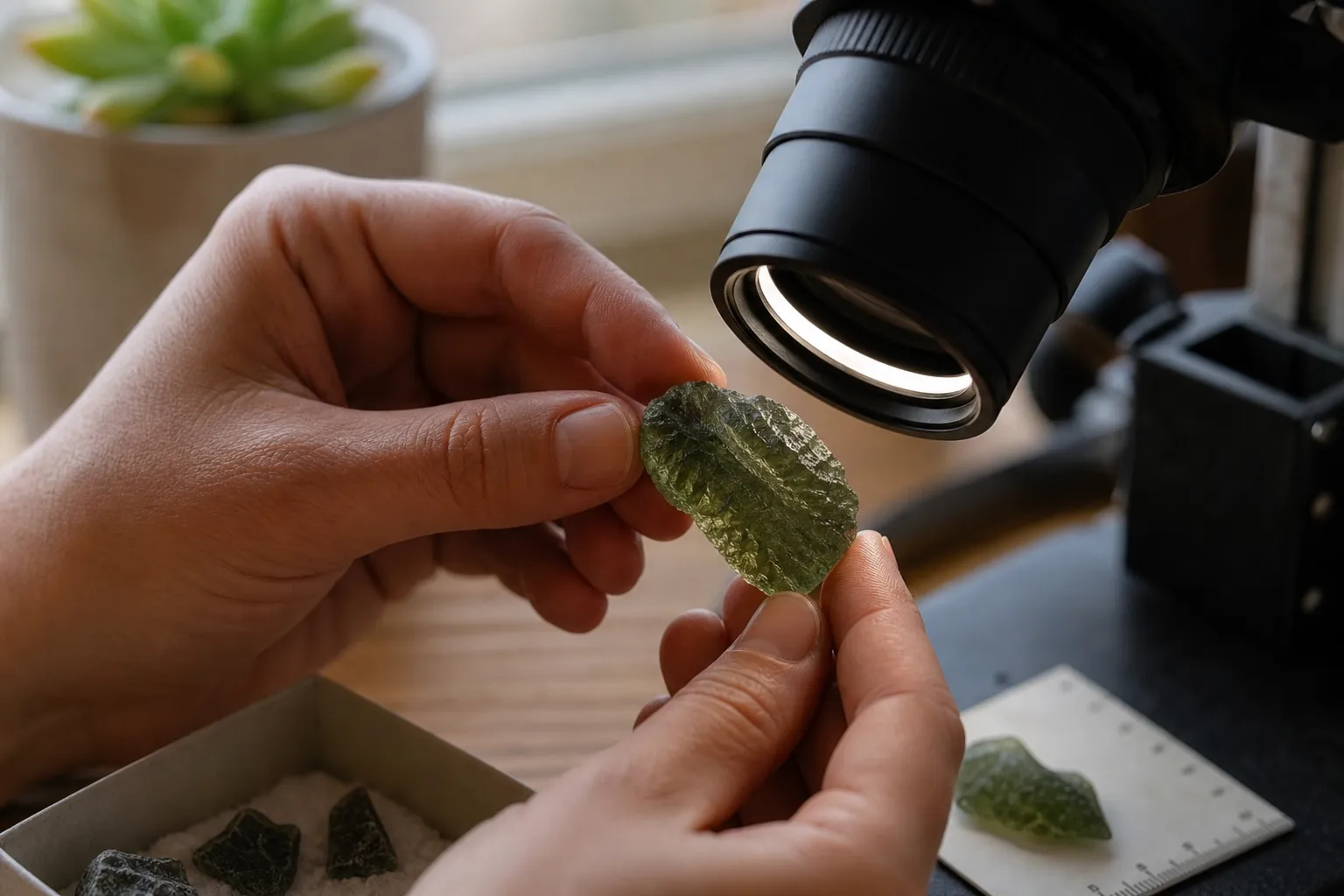 Moldavite being inspected with a macro lens during a calm observation session