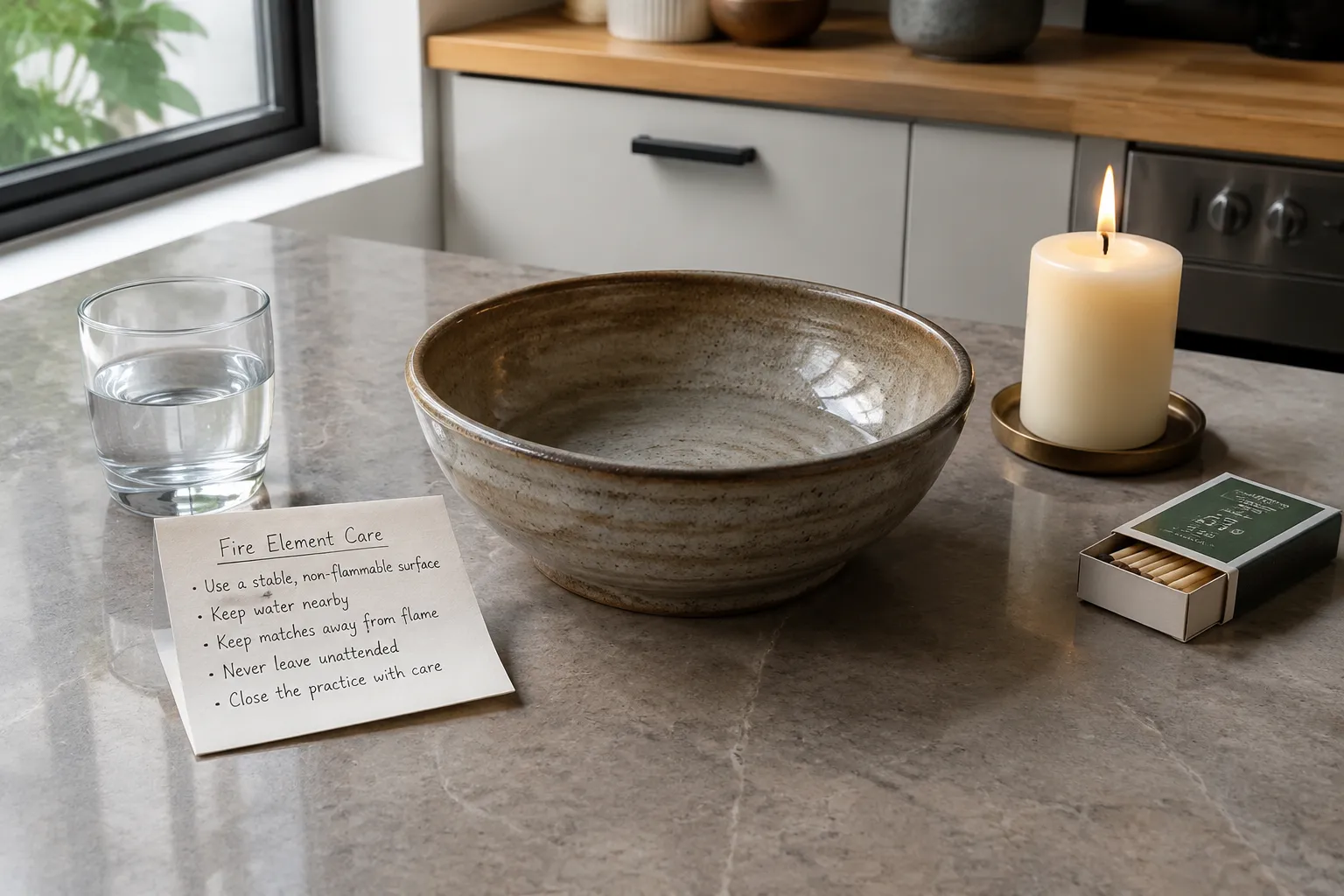 Fire-safe ritual setup with a stable container, water nearby, clear surface, paper, and candle