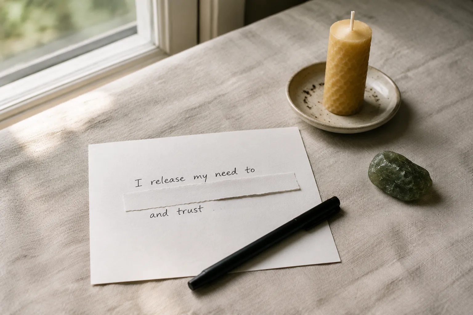 Paper, pen, unlit candle, and a moldavite specimen arranged for a modest releasing control ritual