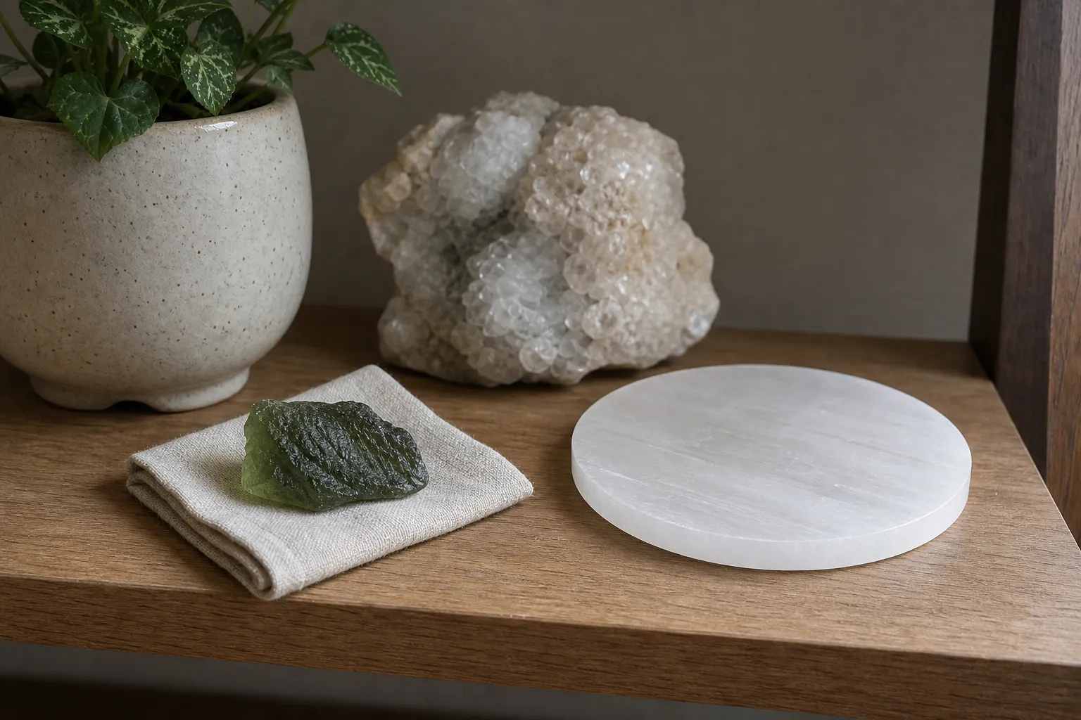 A dry shelf setup showing moldavite beside a selenite charging plate away from water, smoke, heat, and busy edges