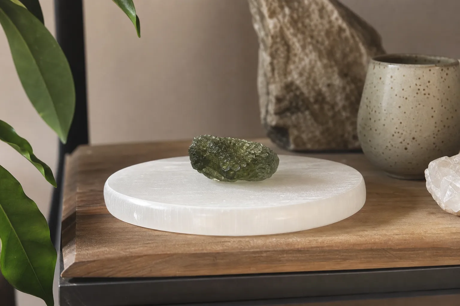 Moldavite resting on a dry selenite charging plate as a low-contact ritual surface