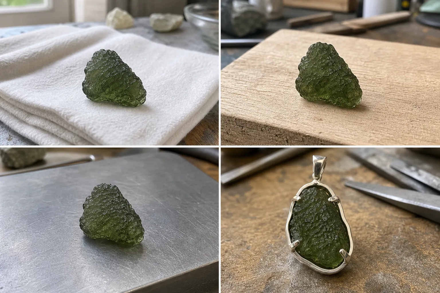 Moldavite specimen near cloth wood metal and a jewelry setting showing how contact conditions can change perceived sound