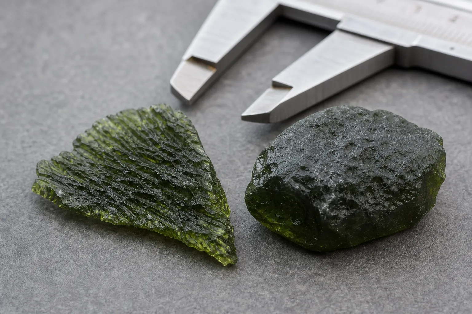 Thin ridged and thicker rounded moldavite specimens shown as different physical forms that may respond differently to contact