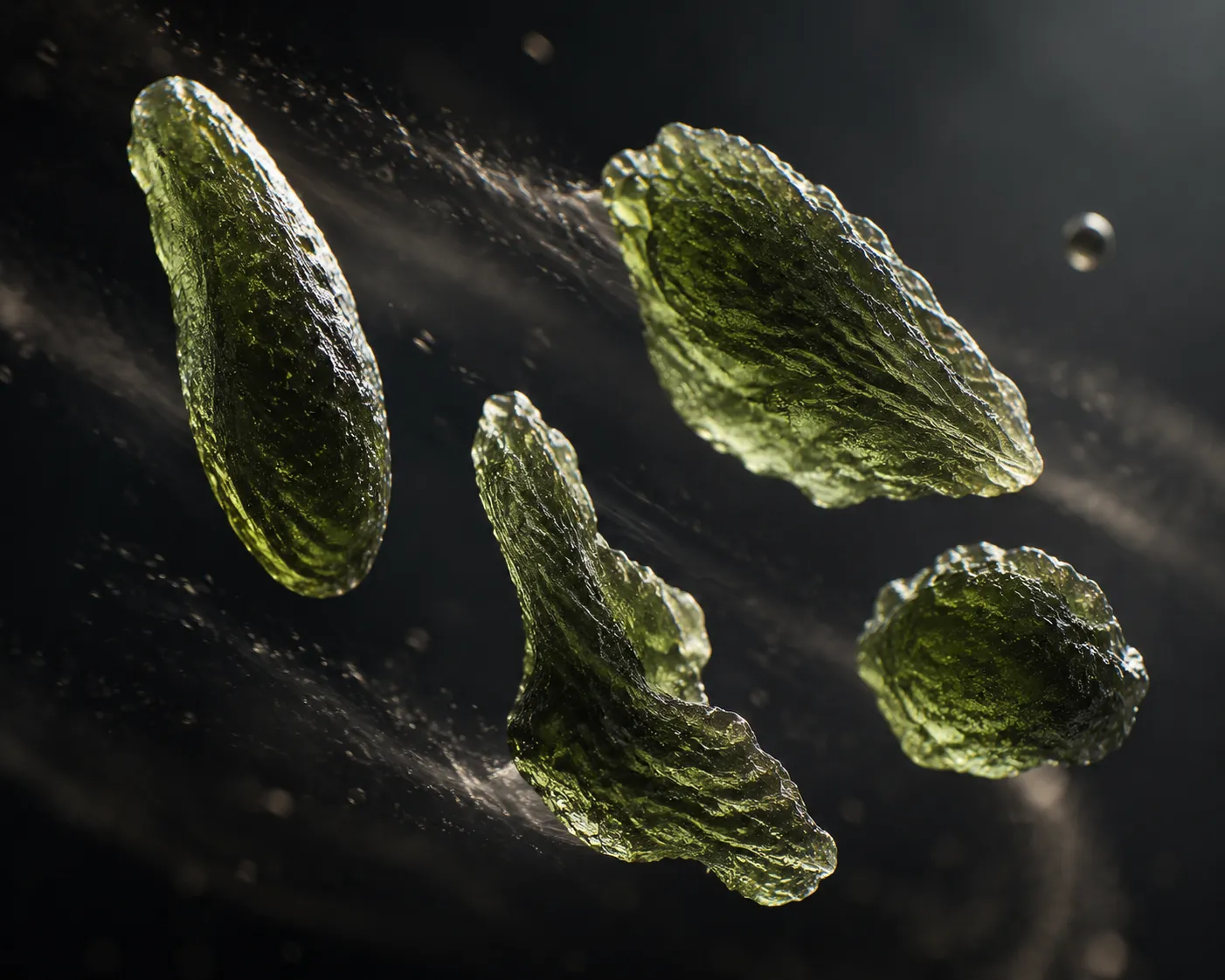 Irregular moldavite forms showing elongated, flattened, and uneven outlines rather than perfect spheres