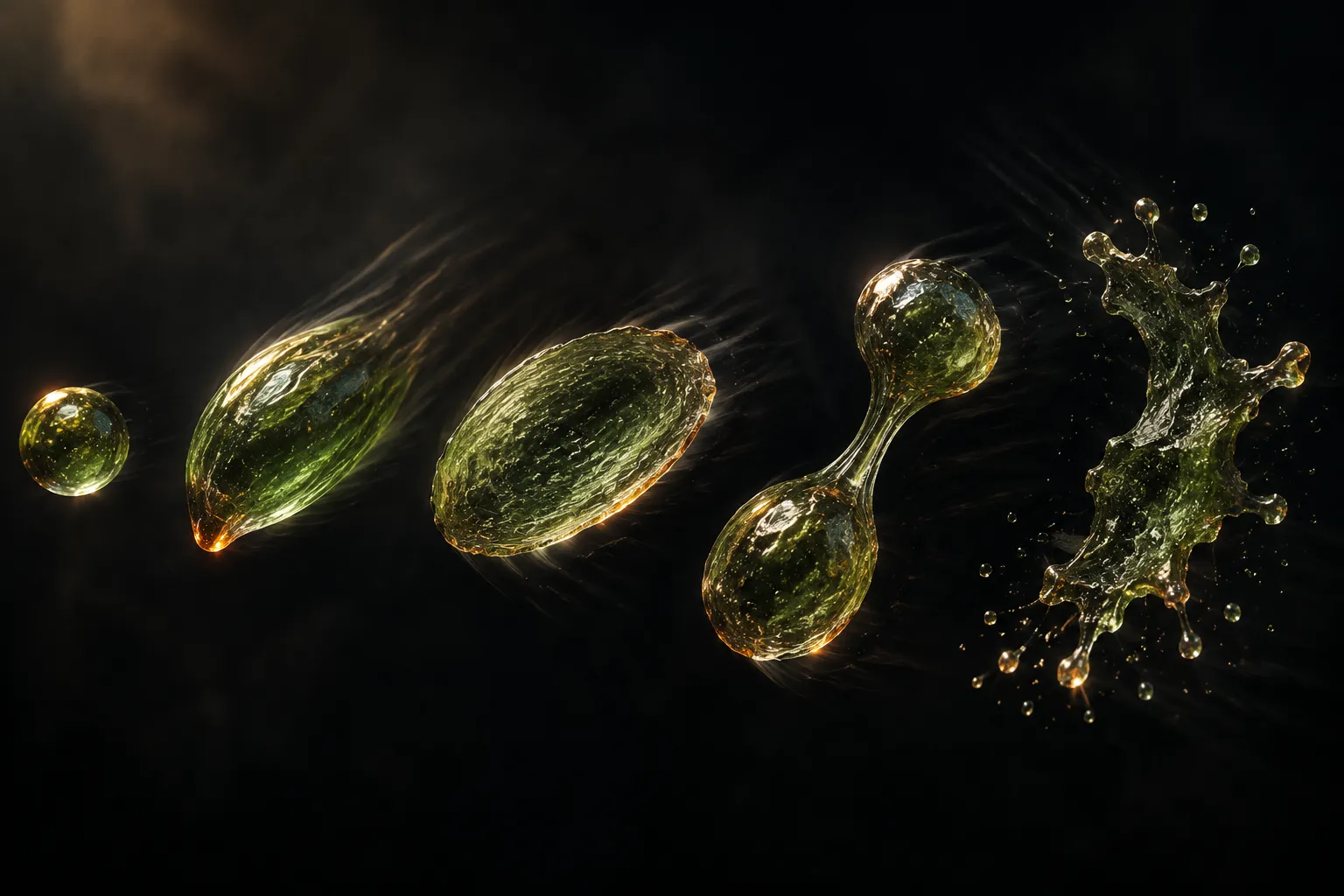 A comparison of rounded droplet behavior versus stretched, flattened, and necked-down molten glass forms during fast motion and cooling