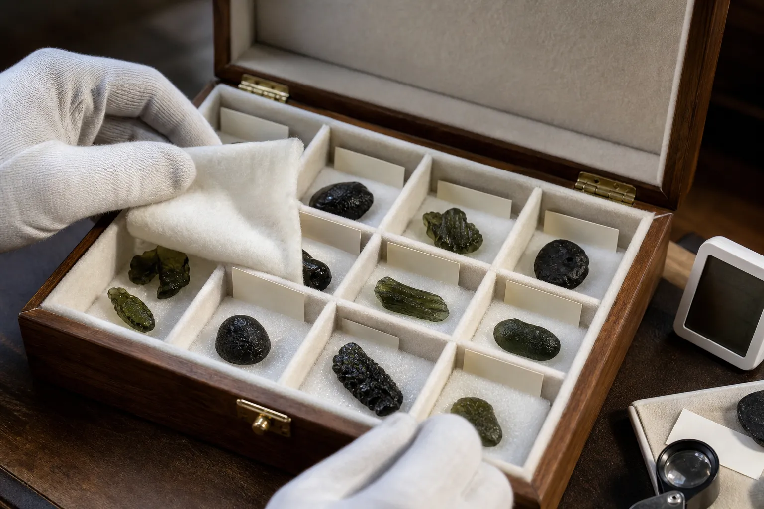 Tektite storage box with separate labeled compartments, cushioning, and a small humidity monitor nearby