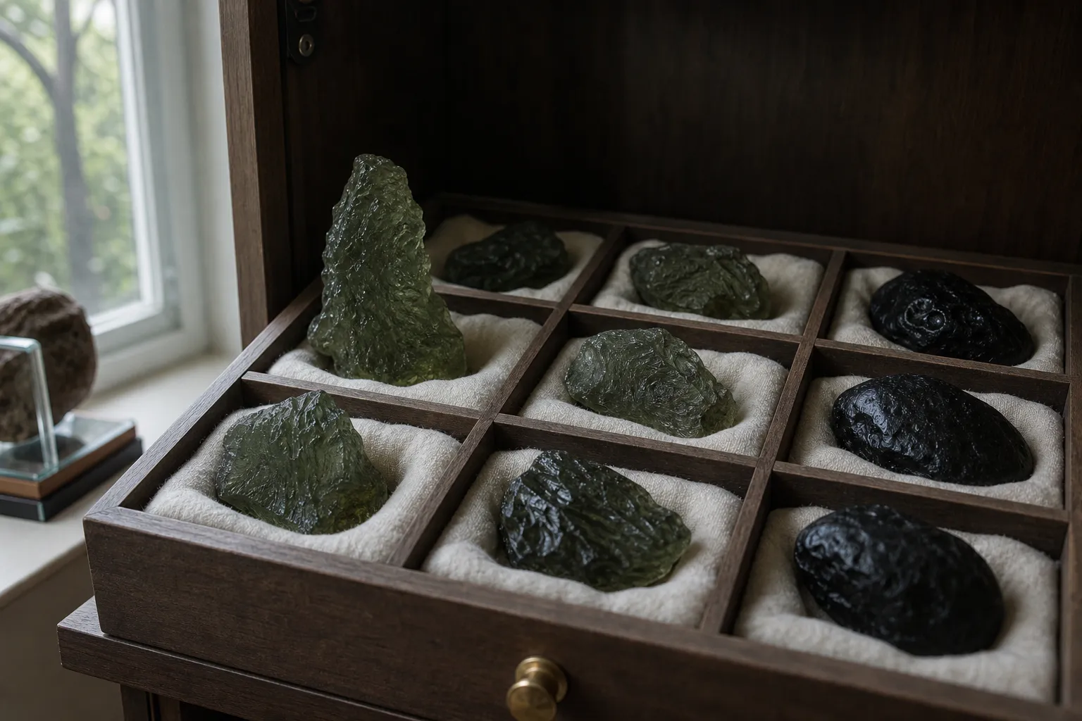 Rare moldavite specimens separated in cushioned compartments away from direct window light