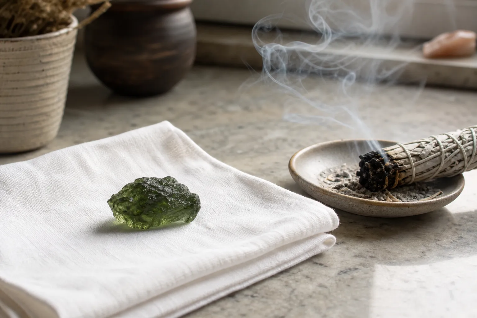 Indirect smoke placement around raw moldavite instead of holding the crystal in a dense plume