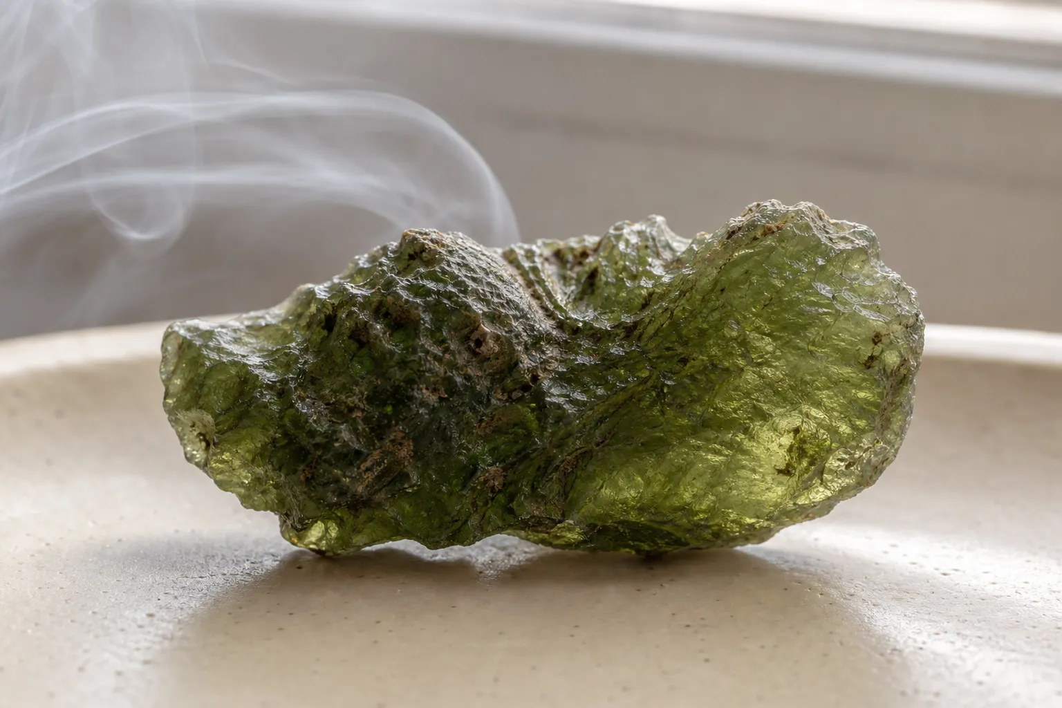 Raw moldavite near light smoke showing how residue can collect in grooves