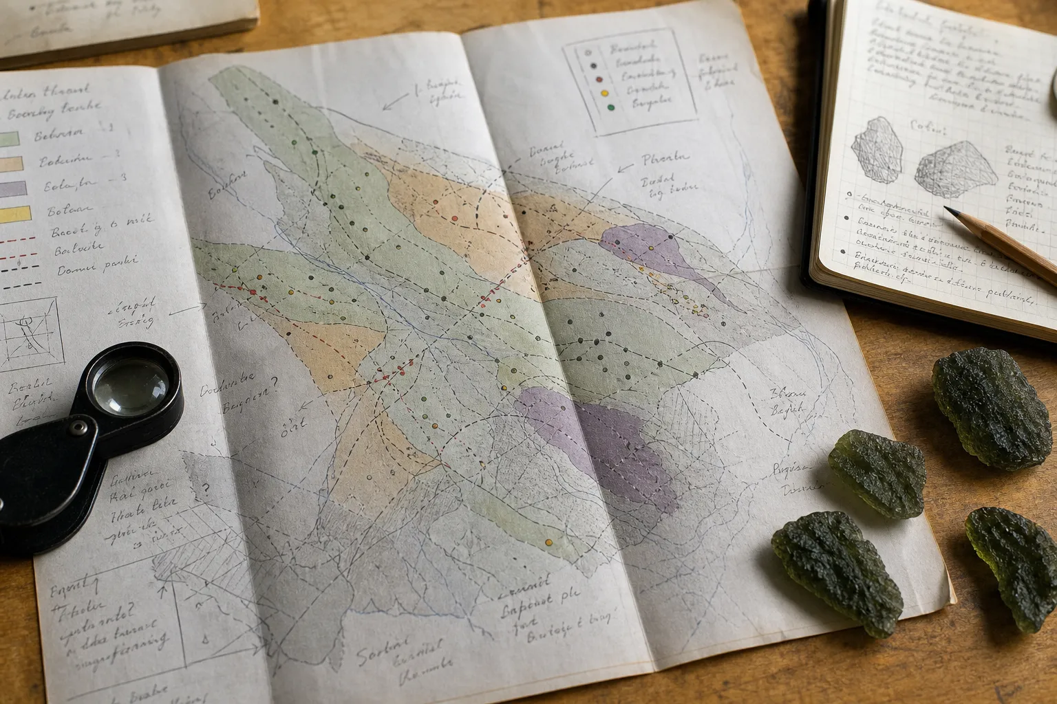 A moldavite map-reading scene comparing shaded regions, dots, and labels as approximate evidence rather than hard borders