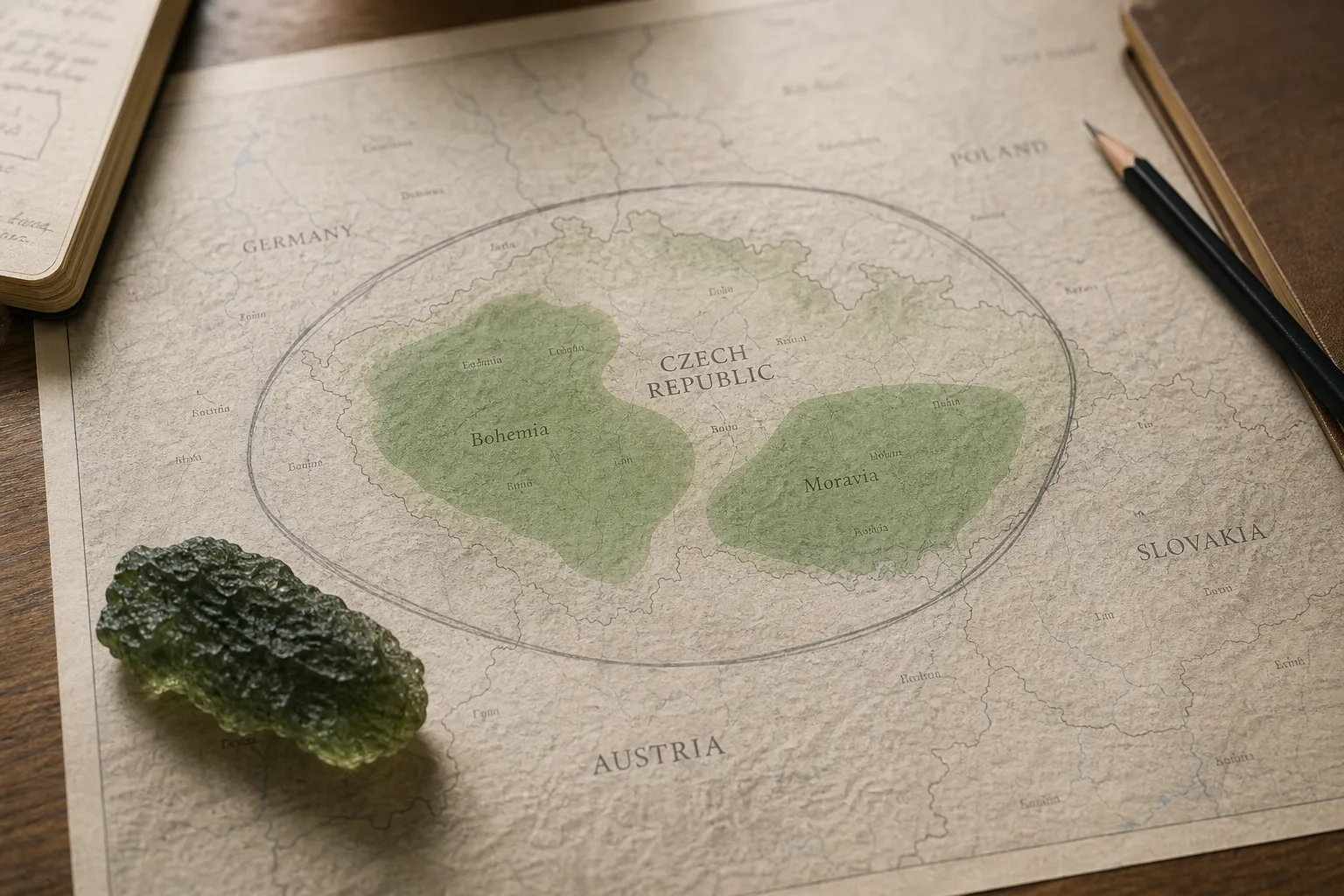A careful Moldavite Strewn Field distribution map showing broad Bohemia and Moravia regions without treating shaded areas as specimen proof