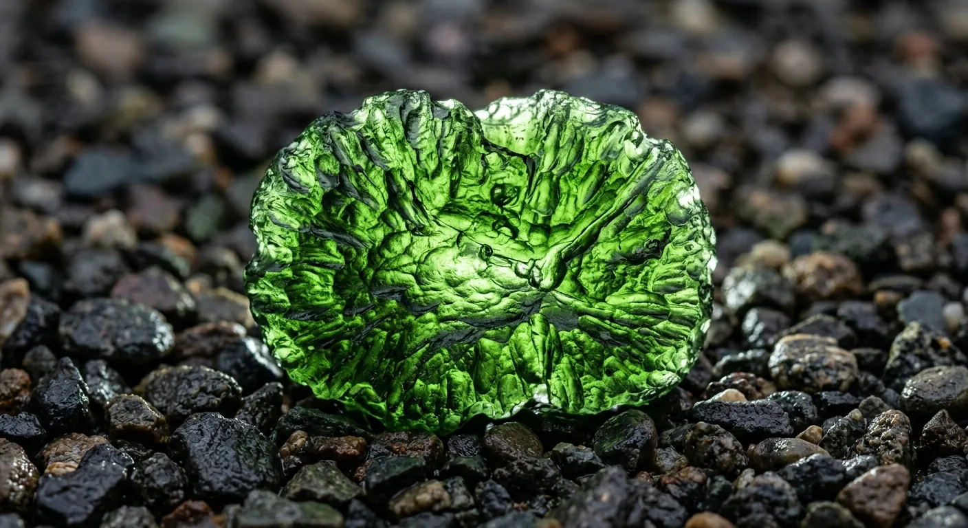 Translucent forest-green moldavite tektite with aerodynamic grooves
